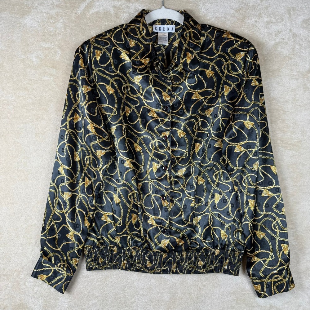 Erena Women Size M Black Gold Chain Tassel Print Smocked Waist Blouse 90s